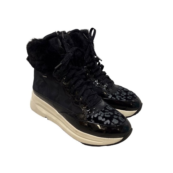 Geox Backsie Amphibiox Winter Boots Animal Print Faux Fur Black Size 7.5 Lace Up - Picture 2 of 10